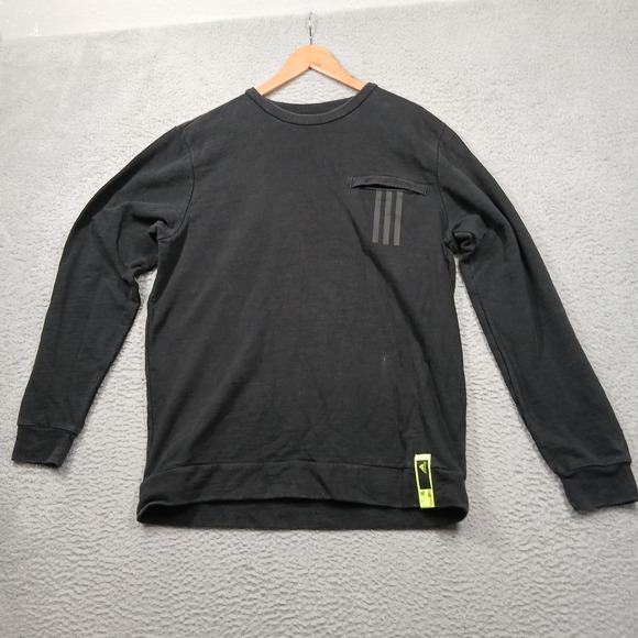 Adidas Sweatshirt Mens Medium Black Crewneck Chest Pocket 3-Stripes Pullover - Picture 1 of 6